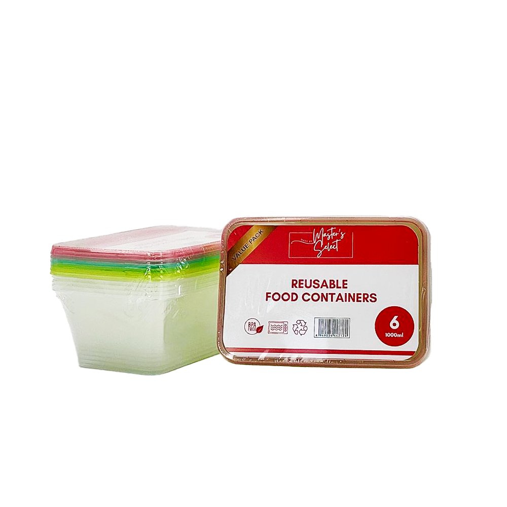 1000mL Reusable Rectangular Containers Coloured Lids - 6/PK - TEM IMPORTS™