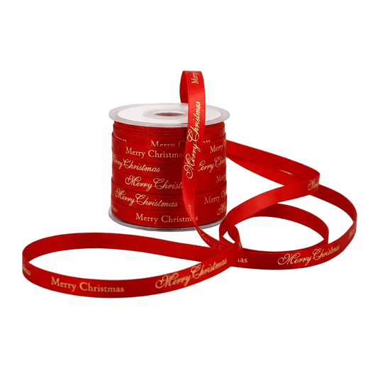 10mm 'Merry Christmas' Printed Red Satin Ribbon Woven Edge - TEM IMPORTS™