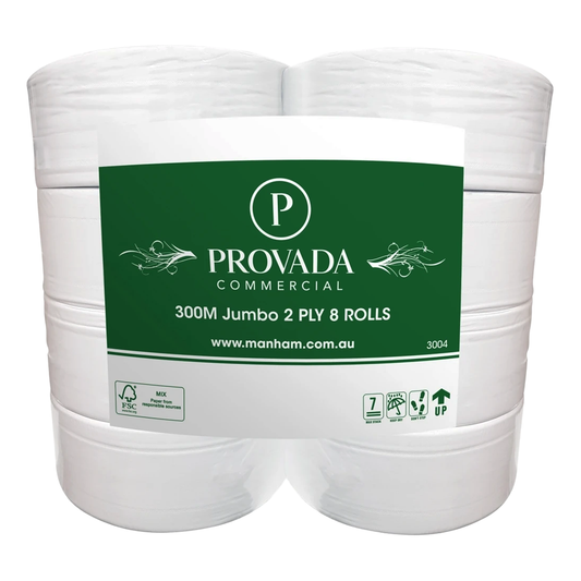 Two rolls of white commercial toilet paper stacked together with a green and white Provada Commercial label on the front.