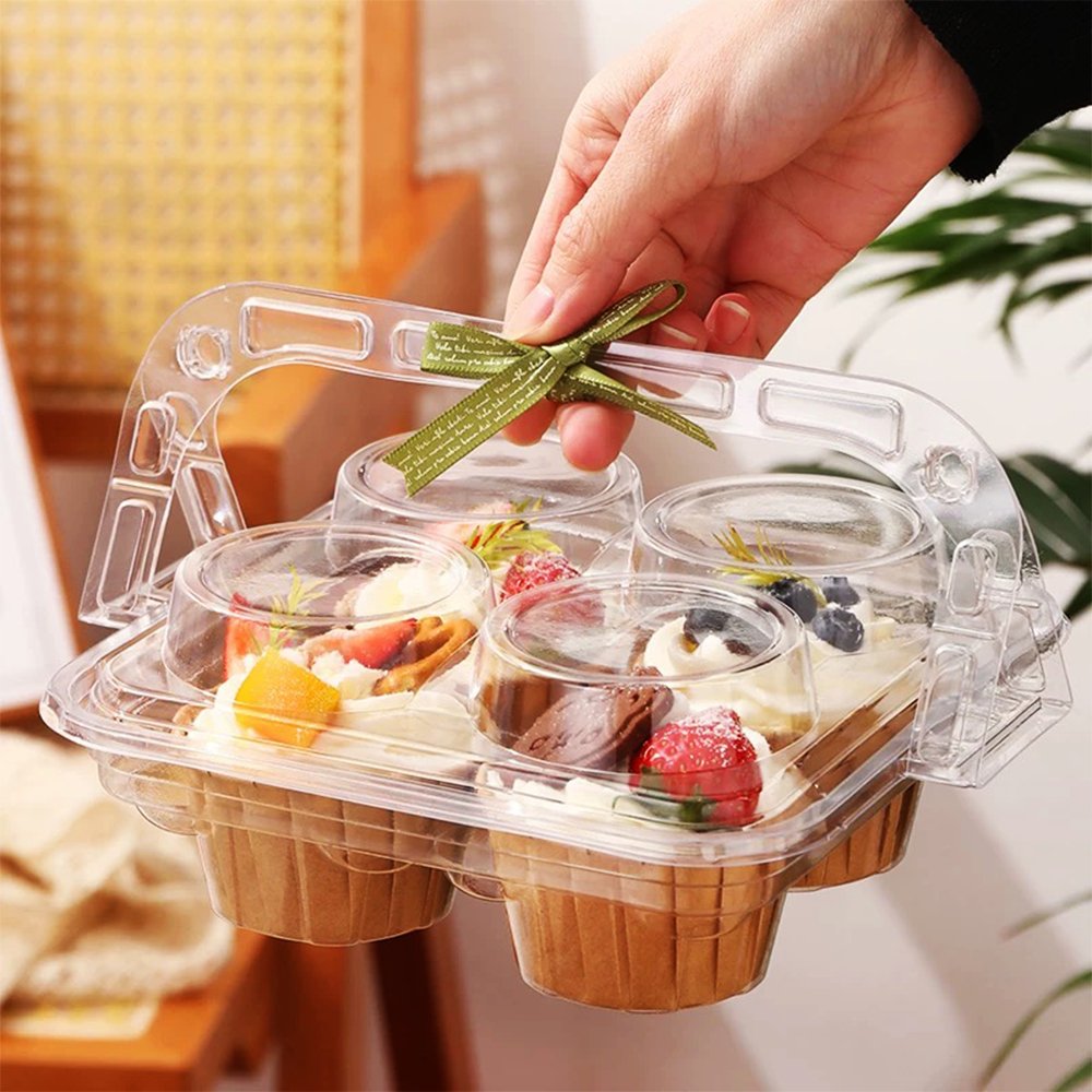 4 CupCake Clear PET Hinged Lid Holder With Handle - TEM IMPORTS™