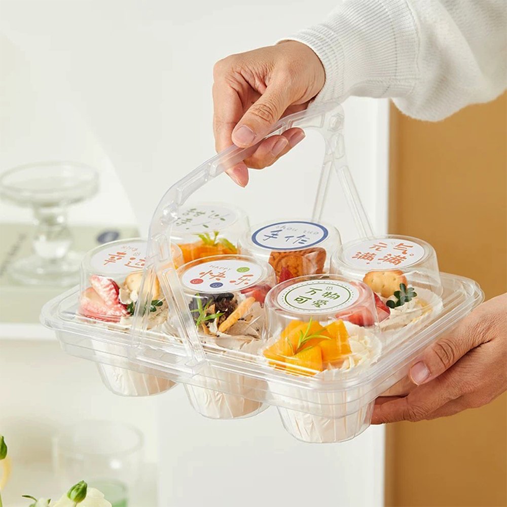 6 CupCake Clear PET Hinged Lid Holder With Handle - TEM IMPORTS™
