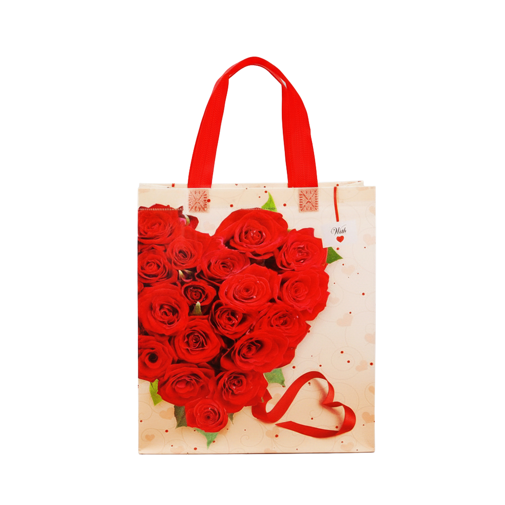 Medium PP Printed Red Heart Roses Non-Woven Bag - Pack of 10