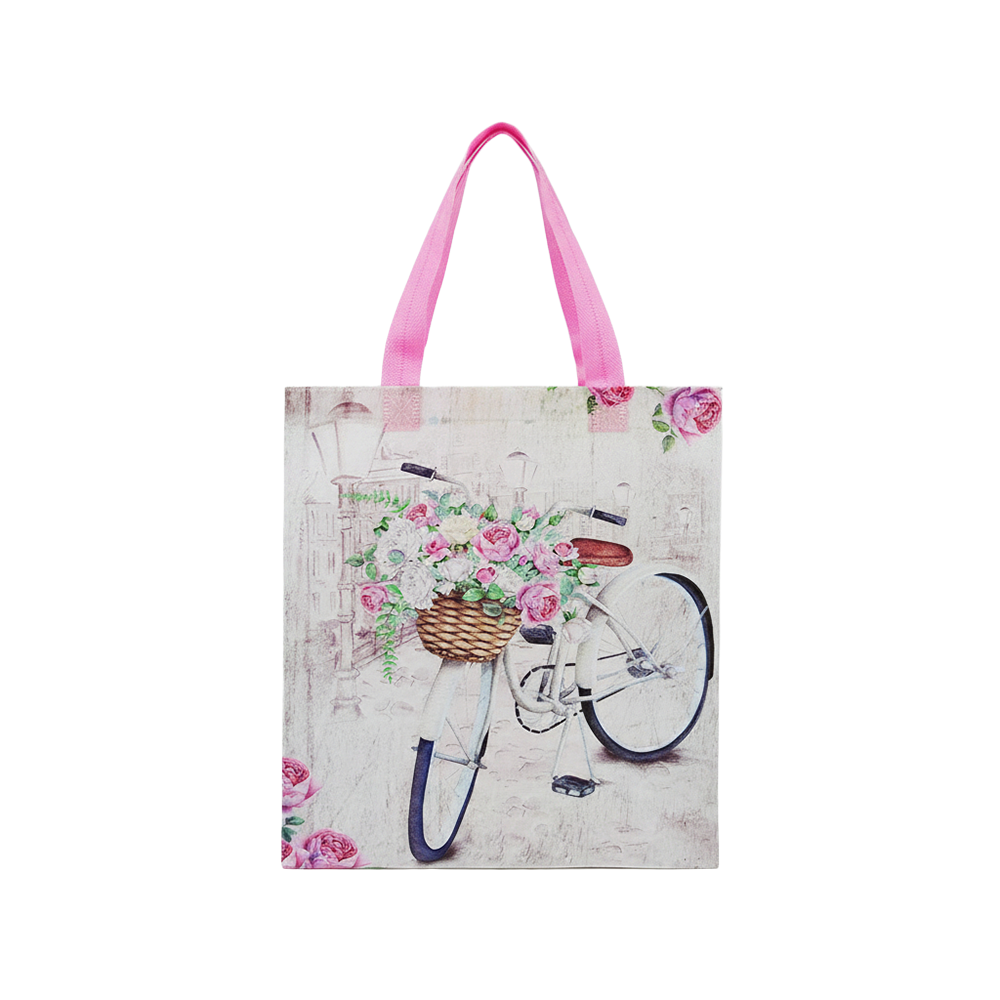 Medium PP Printed White Bicycle & Rose Non-Woven Bag - Pack of 10