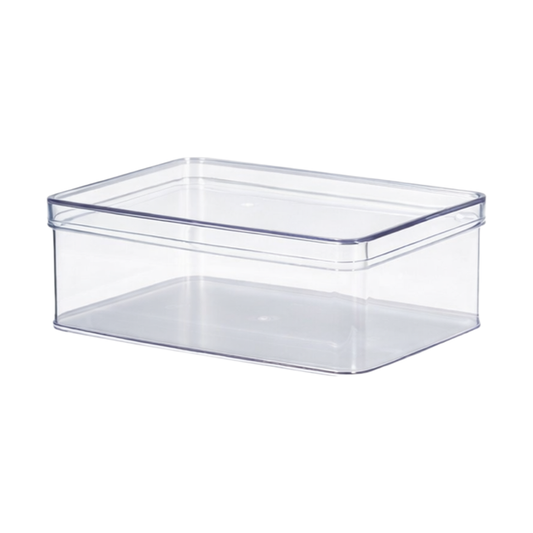 A clear plastic rectangular storage box with a matching transparent lid, shown on a plain white background.