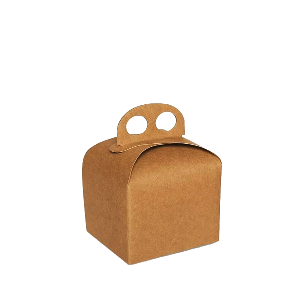 A small brown kraft cardboard cake box with a handle.