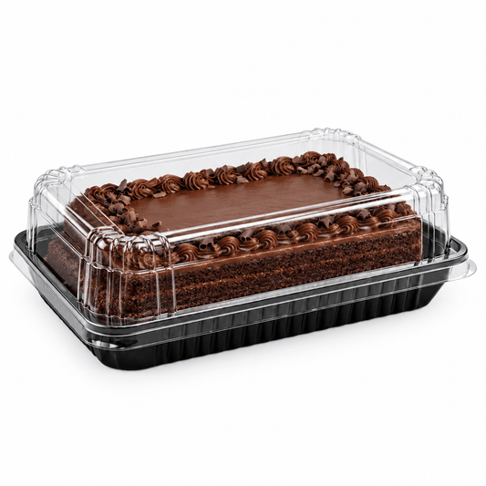 Black Ribbed Rectangular Plastic Cake Tray With Clear High Lid - TEM IMPORTS™