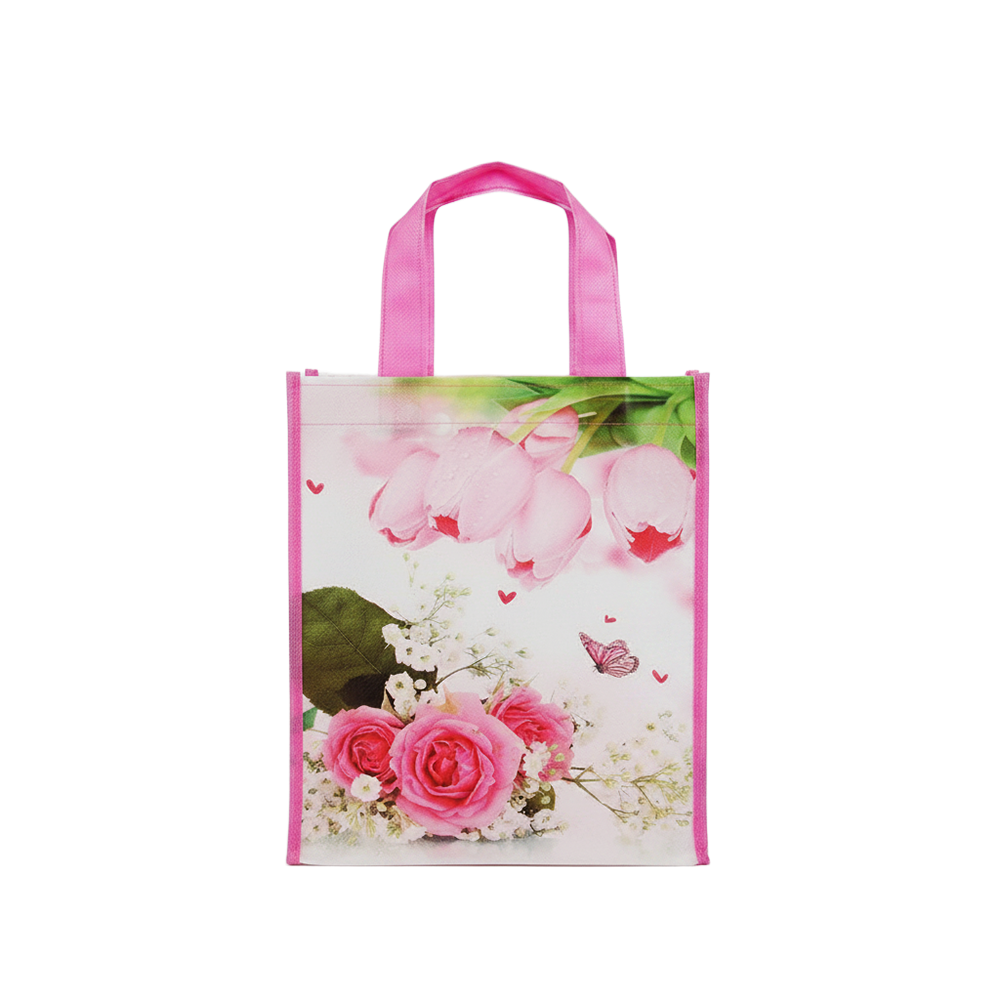 Small PP Printed Pink Tulips Non-Woven Bag - Pack of 10