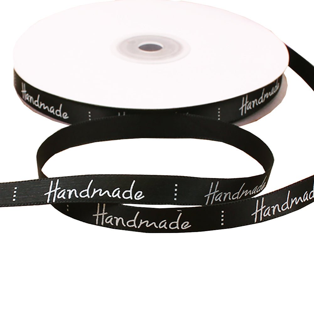 10mm 'Handmade' Printed Satin Ribbon - Black - TEM IMPORTS™