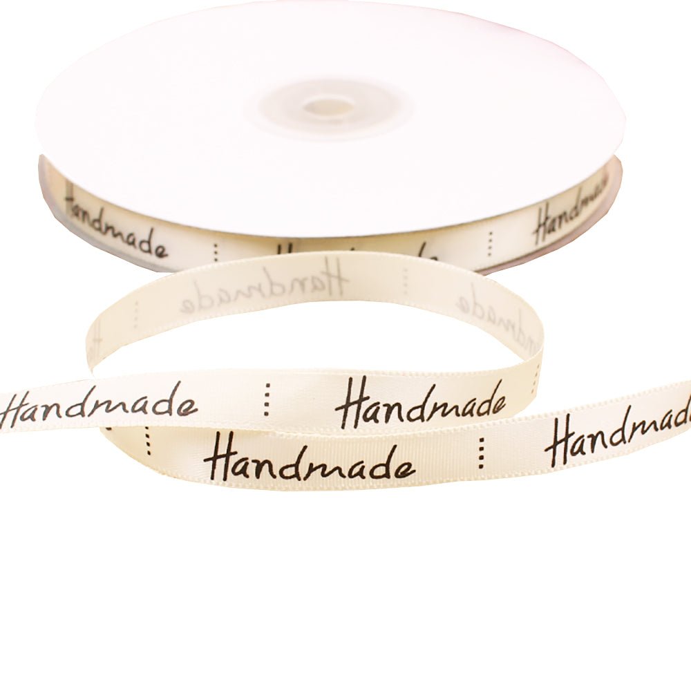 10mm 'Handmade' Printed Satin Ribbon - Cream - TEM IMPORTS™