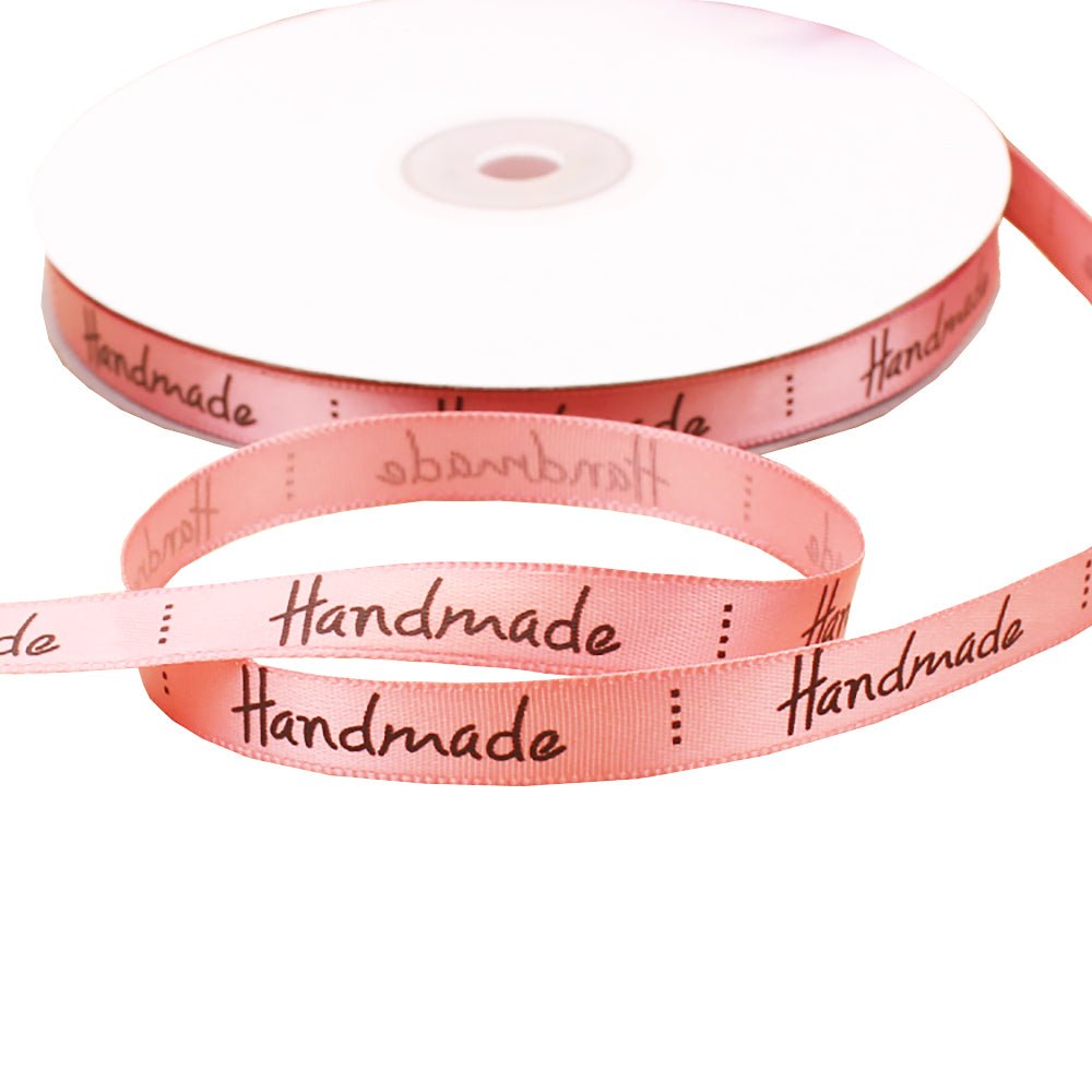 10mm 'Handmade' Printed Satin Ribbon - Peach - TEM IMPORTS™