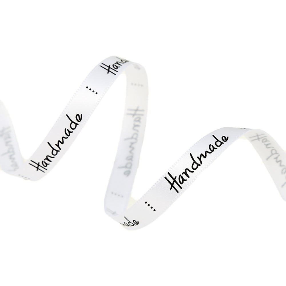 10mm 'Handmade' Printed Satin Ribbon - White - TEM IMPORTS™