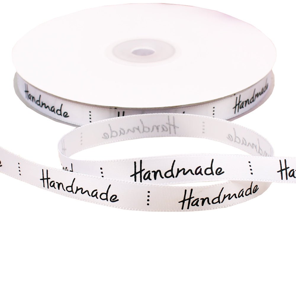 10mm 'Handmade' Printed Satin Ribbon - White - TEM IMPORTS™