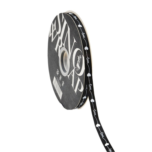 10mm 'Love With Heart' Printed Satin Ribbon - Black - TEM IMPORTS™