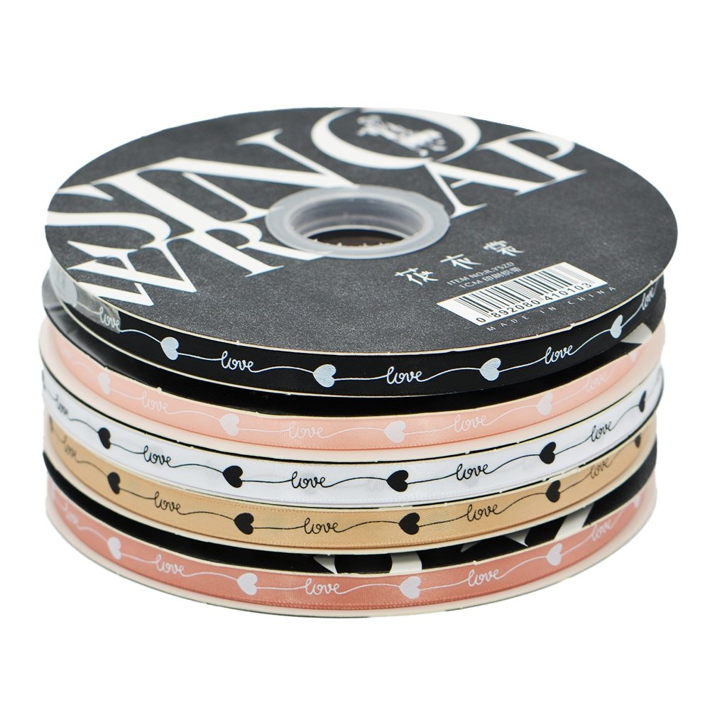 10mm 'Love With Heart' Printed Satin Ribbon - Peach - TEM IMPORTS™