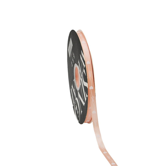 10mm 'Love With Heart' Printed Satin Ribbon - Peach - TEM IMPORTS™