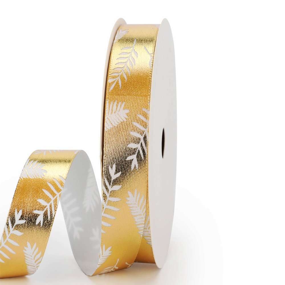 20mm Satin Ribbon-Gold With White Ferns - TEM IMPORTS™