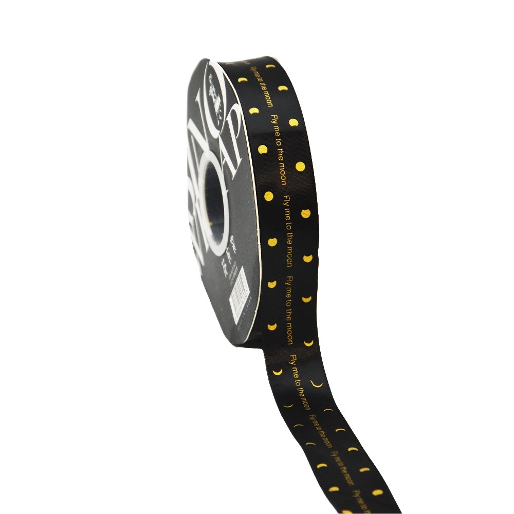 25mm 'Fly Me To The Moon' Printed Satin Ribbon - Black - TEM IMPORTS™