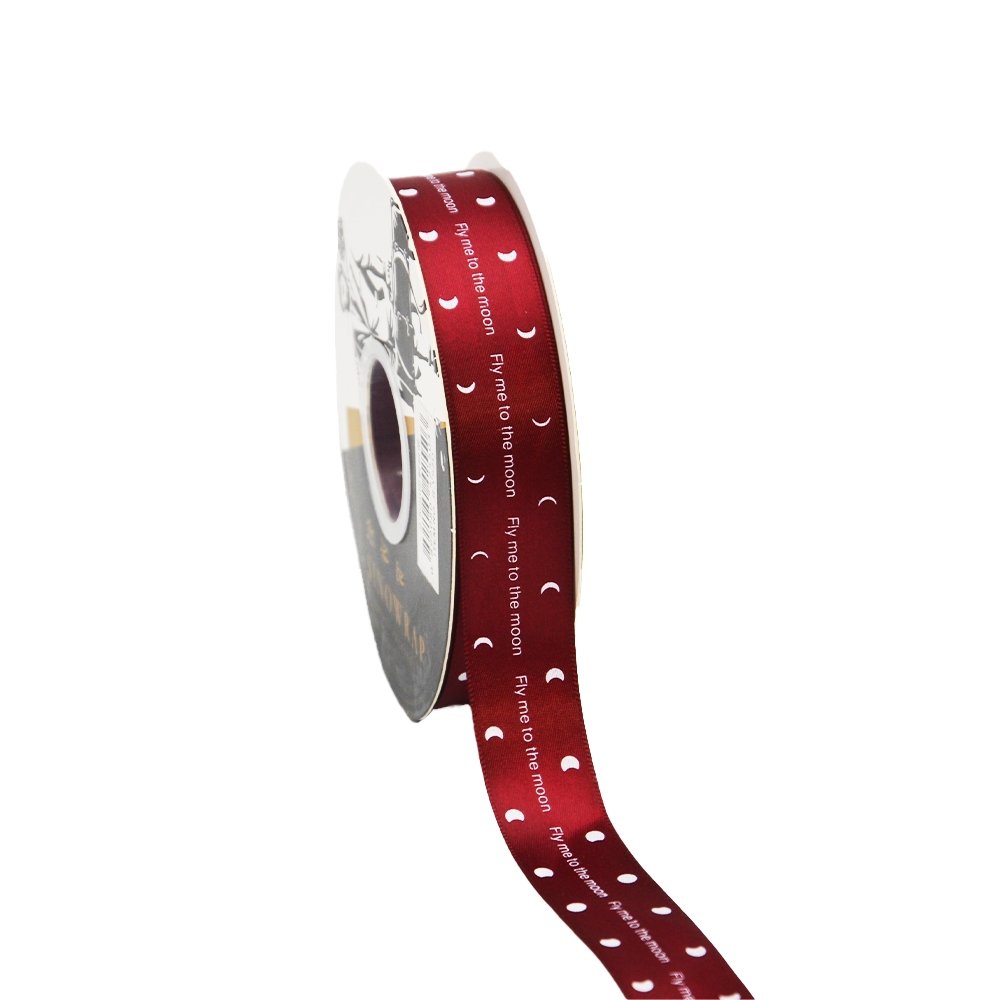 25mm 'Fly Me To The Moon' Printed Satin Ribbon - Maroon - TEM IMPORTS™