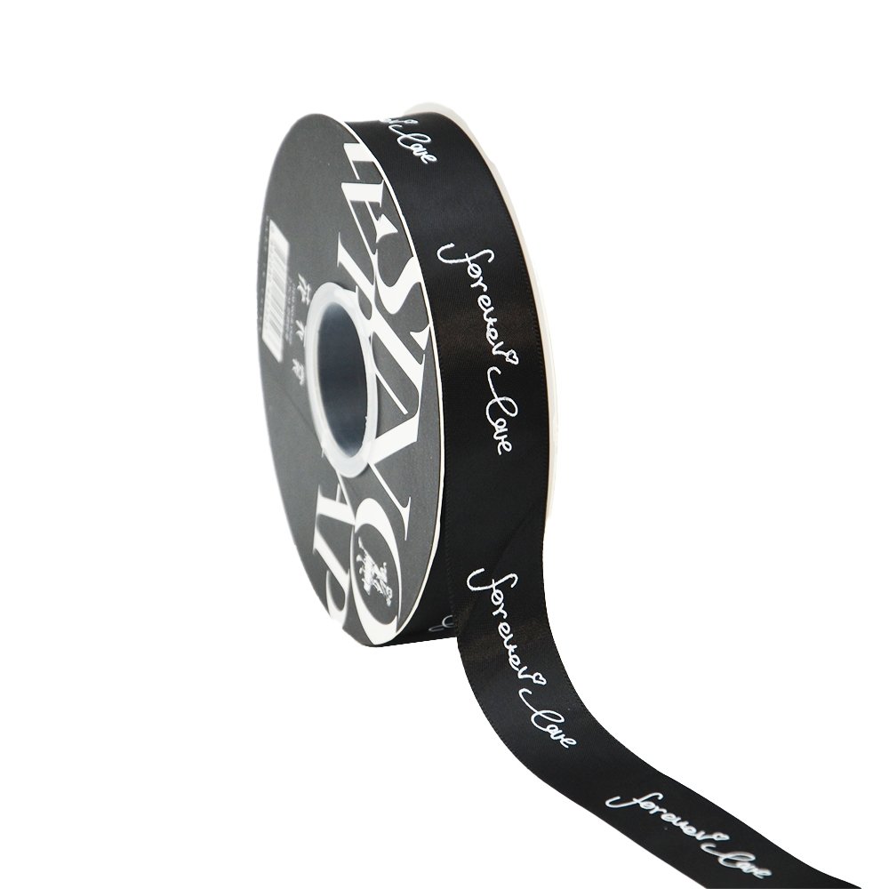 25mm 'Forever Love' Printed Satin Ribbon - Black - TEM IMPORTS™