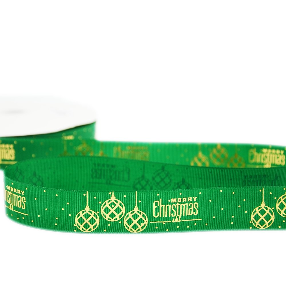 25mm Grosgrain Ribbon - Globes Merry Christmas Green - TEM IMPORTS™