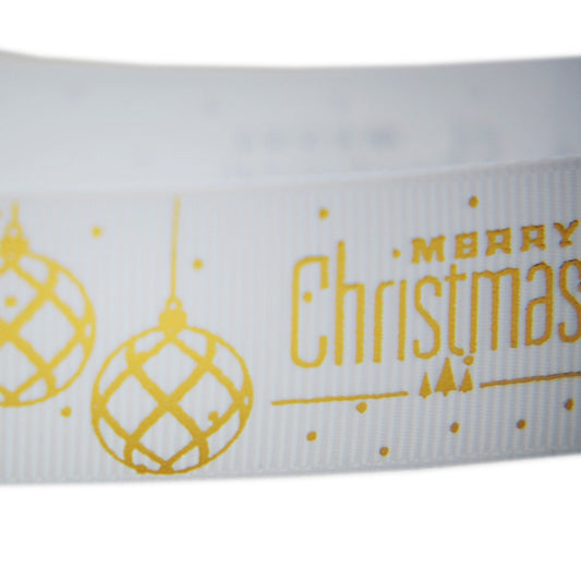 25mm Grosgrain Ribbon - Globes Merry Christmas White - TEM IMPORTS™