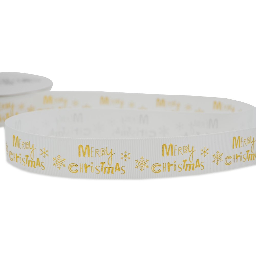 25mm Grosgrain Ribbon - Gold Prints Merry Christmas - TEM IMPORTS™