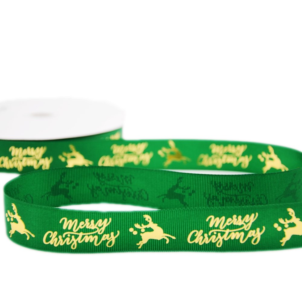 25mm Grosgrain Ribbon - Merry Christmas Reindeer Green - TEM IMPORTS™