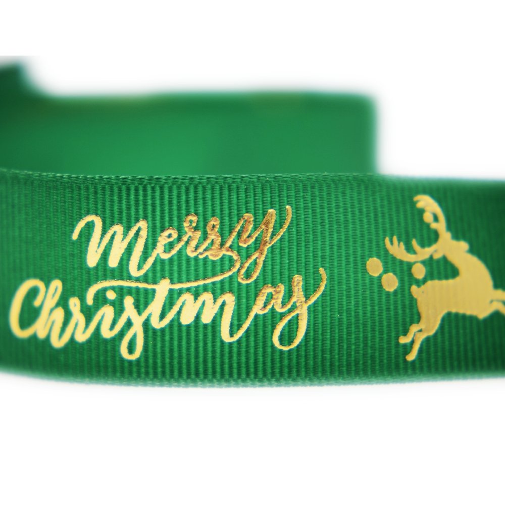 25mm Grosgrain Ribbon - Merry Christmas Reindeer Green - TEM IMPORTS™