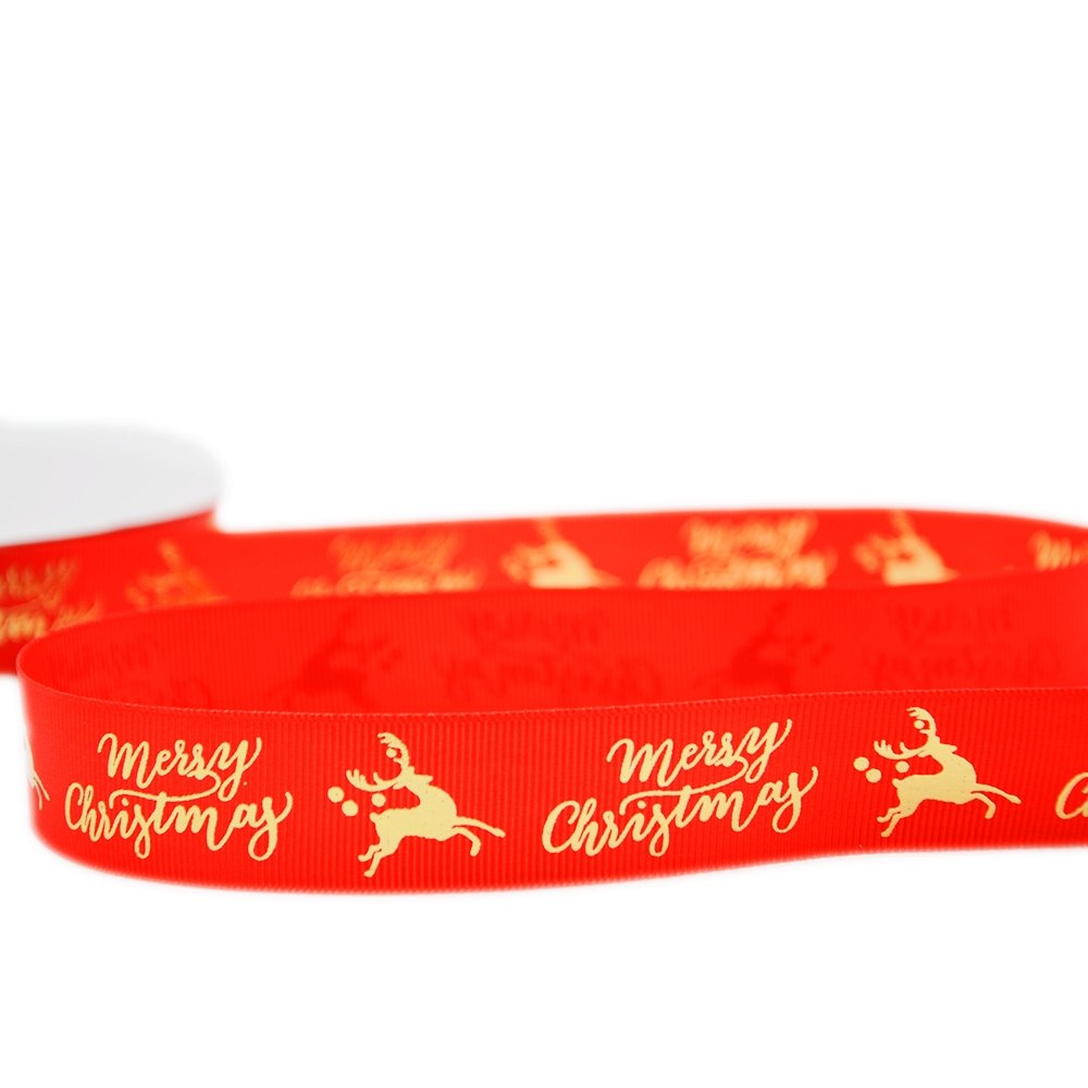 25mm Grosgrain Ribbon - Merry Christmas Reindeer Red - TEM IMPORTS™
