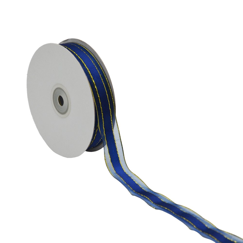 25mm Organza Dark Blue Stripe With Gold Line - Woven Edge - TEM IMPORTS™