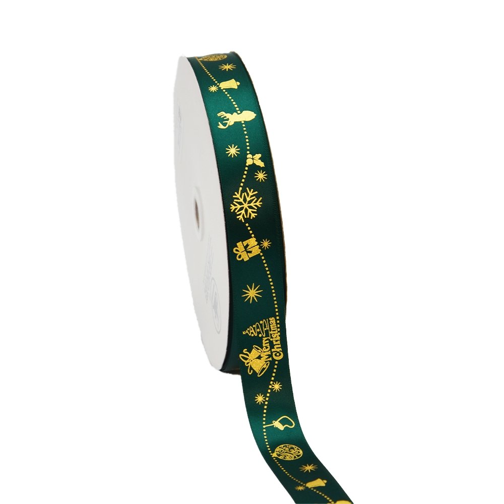 25mm Satin Ribbon - Christmas Beads Gold Chain Green - TEM IMPORTS™