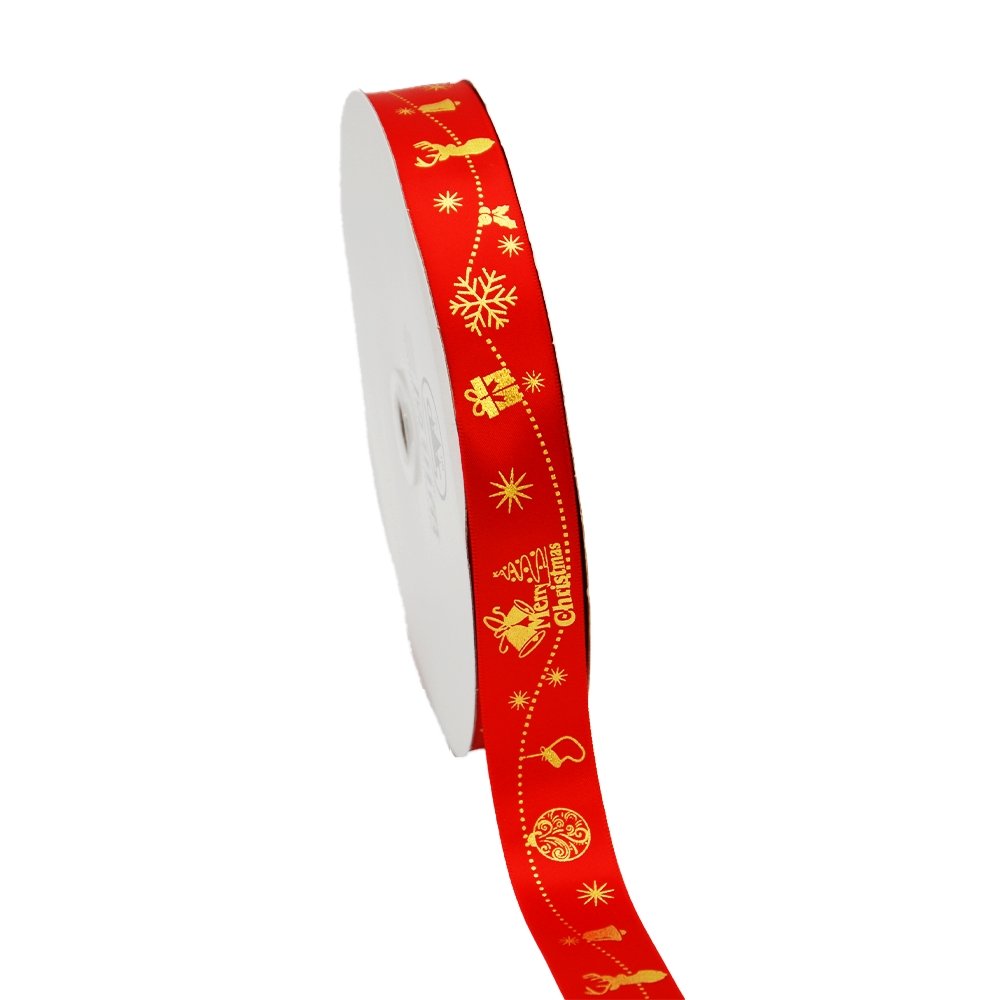 25mm Satin Ribbon - Christmas Beads Gold Chain Red - TEM IMPORTS™