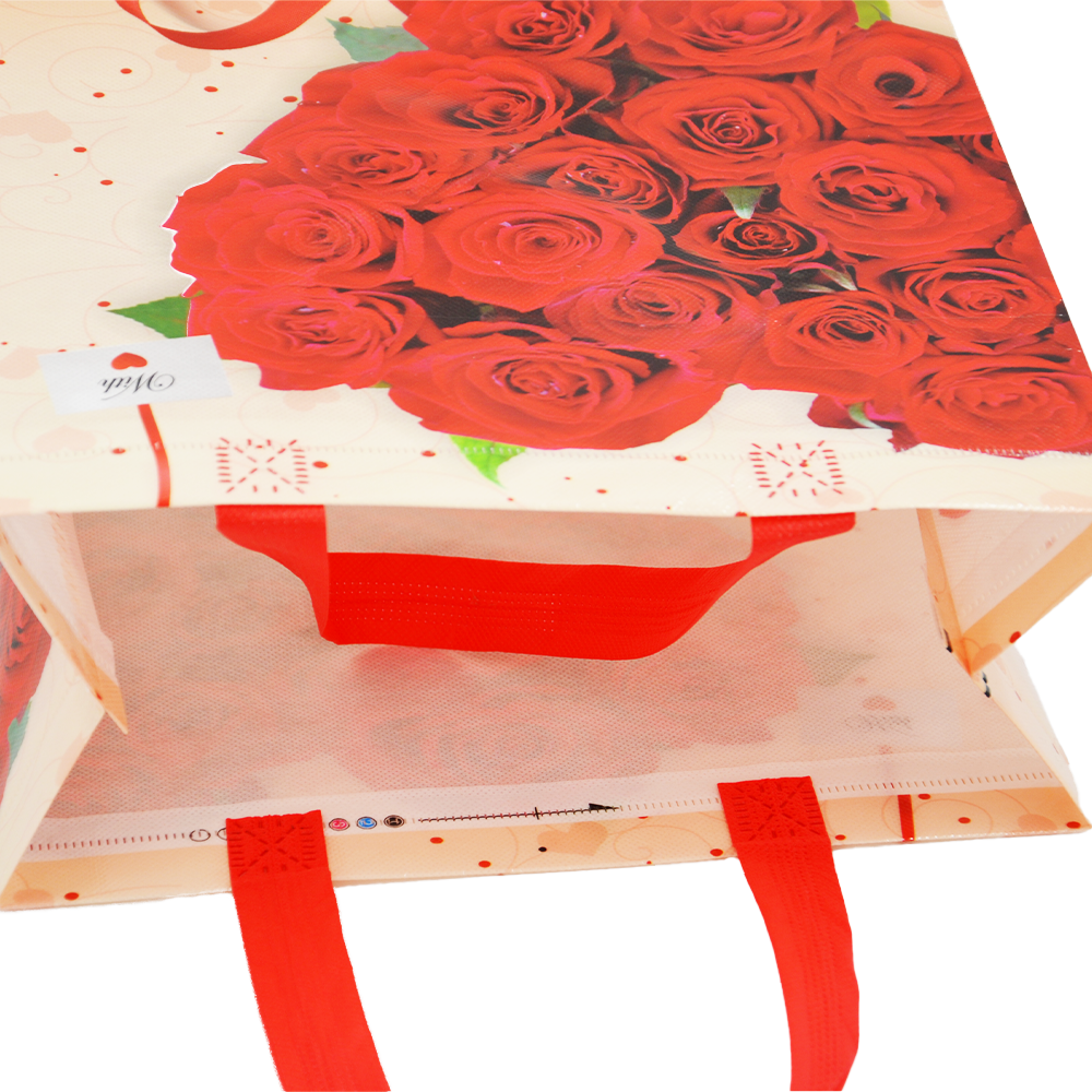 Medium PP Printed Red Heart Roses Non-Woven Bag - Pack of 10