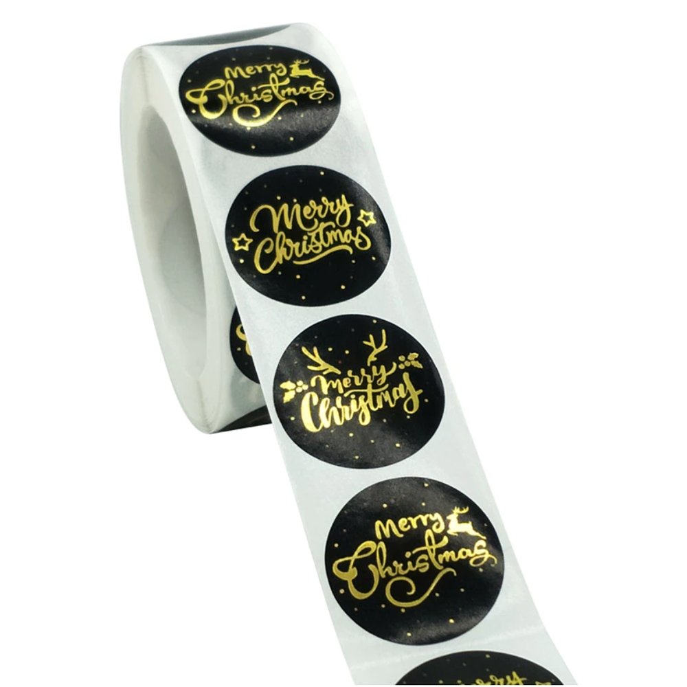 Black Seal Label Stickers Roll 'Christmas With Gold Word' - TEM IMPORTS™