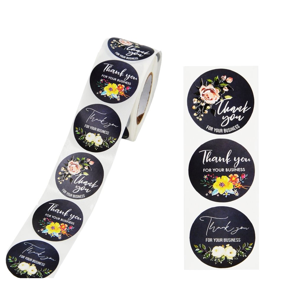 Black Seal Label Stickers Roll Floral 'Thank You' - TEM IMPORTS™
