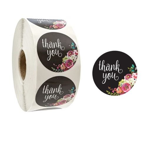 Black Seal Label Stickers Roll Flower 'Thank You' - TEM IMPORTS™