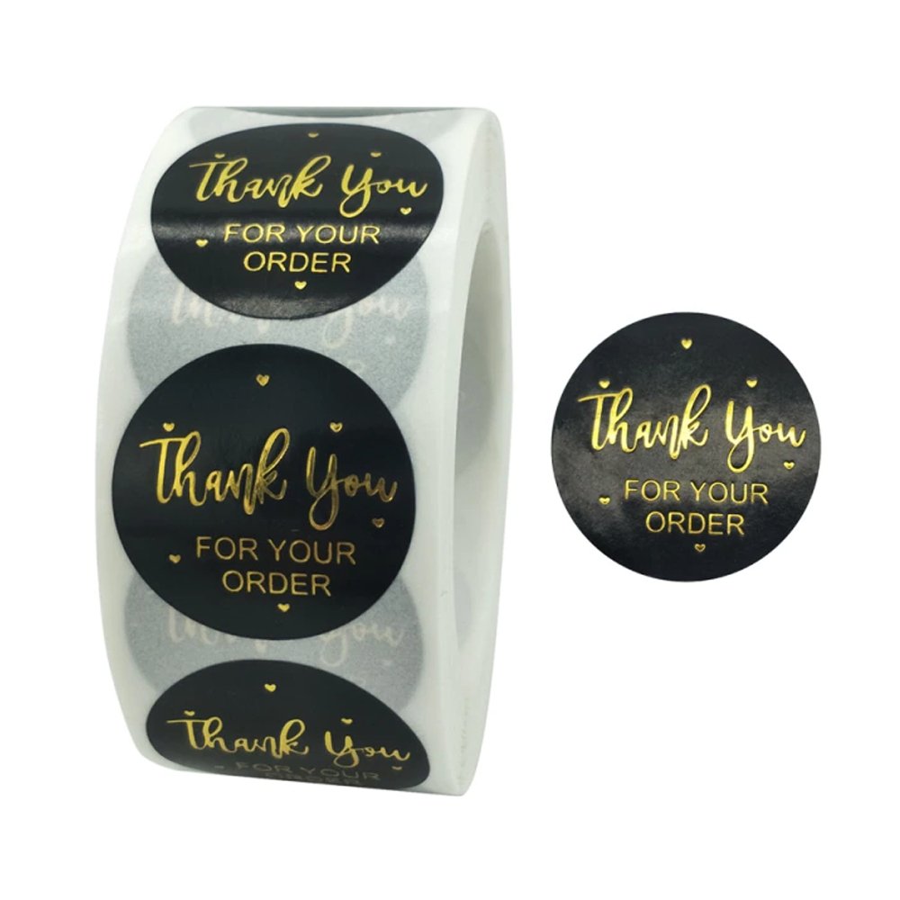 Gold 'Thank You' Label Stickers - Black Roll