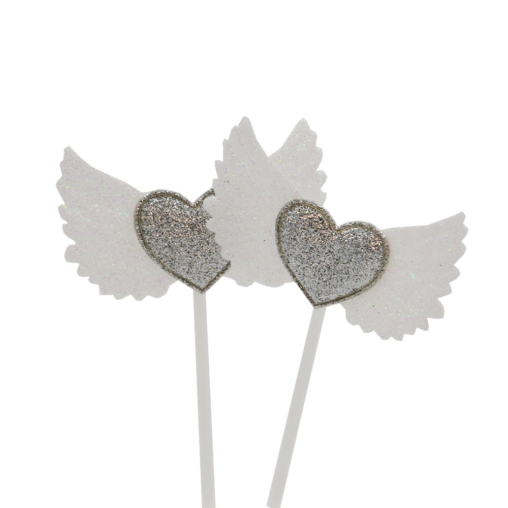 Grey Heart & Wings Cake Topper - Pack of 2 - TEM IMPORTS™