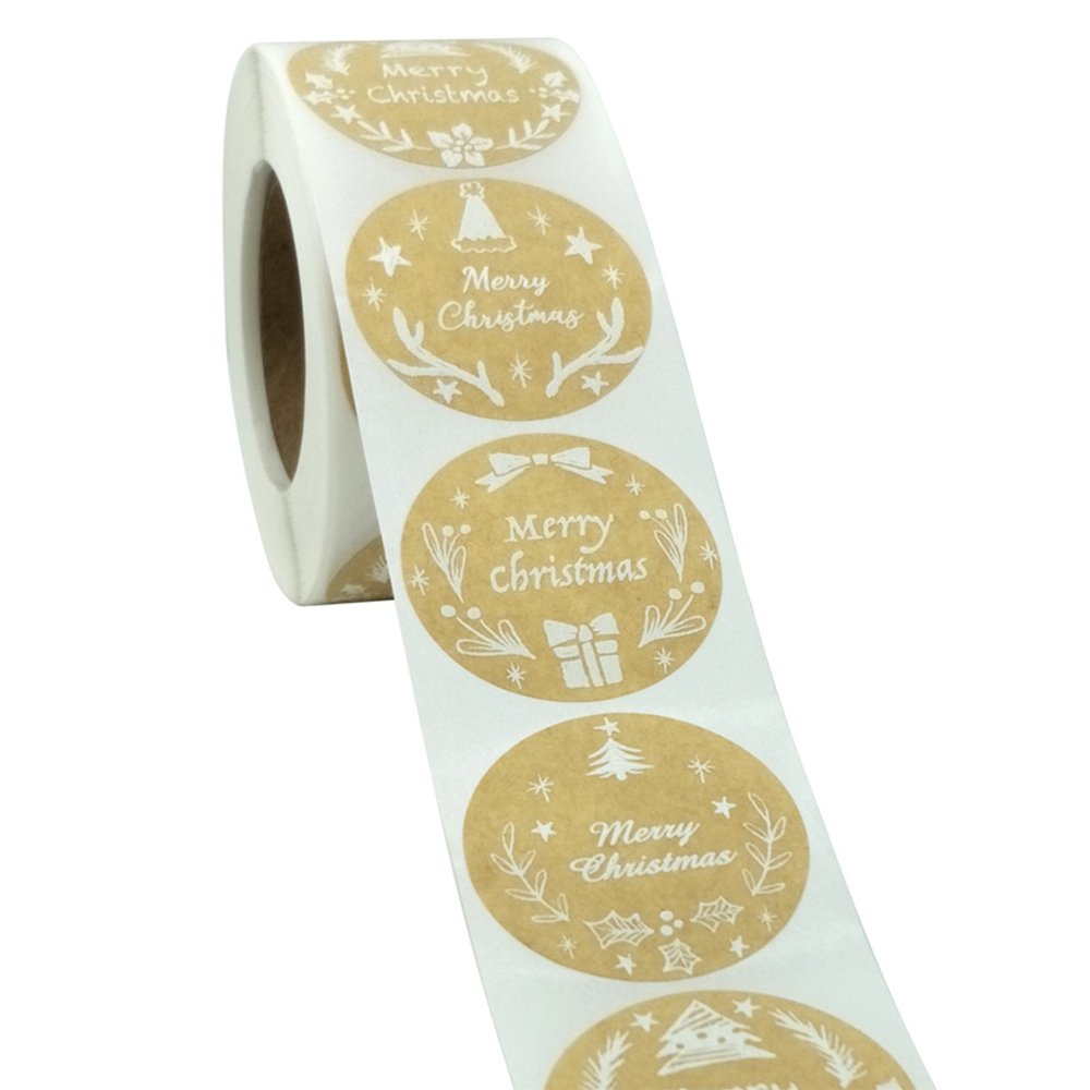 Kraft Label Stickers Roll White Print 'Merry Christmas' - TEM IMPORTS™