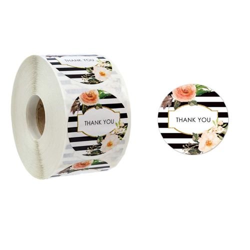 Label Stickers Roll Rose With White & Black Stripe 'Thank You' - TEM IMPORTS™