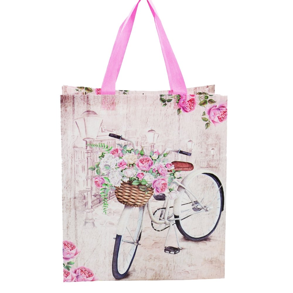 Large Bicycle With Roses Coated Non Woven Bags - Pk10 - TEM IMPORTS™