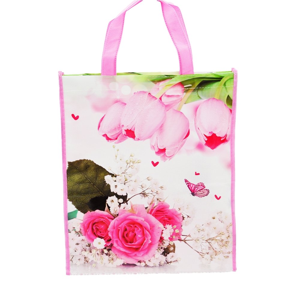 Large Pink Tulips Coated Non Woven Bags - Pk10 - TEM IMPORTS™