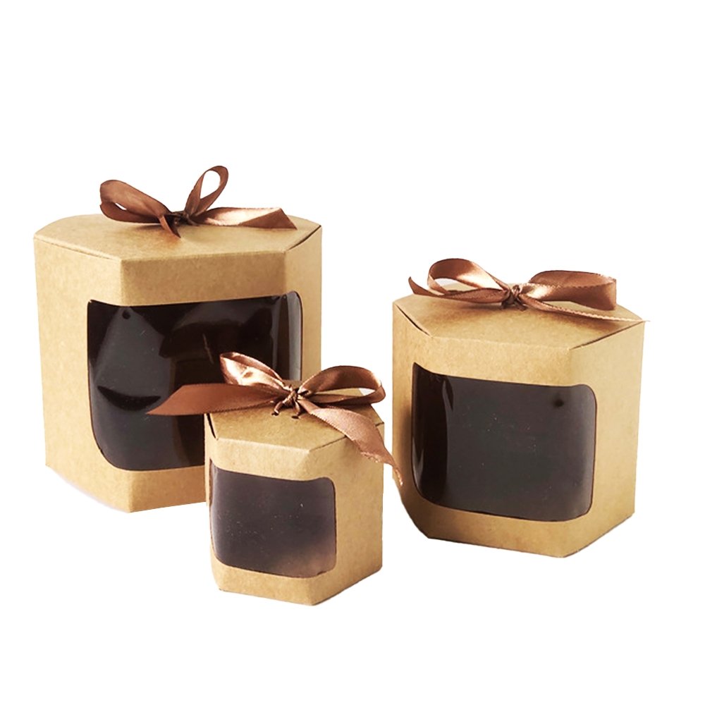 Mini Hexagon Kraft Brown Paper Box With Ribbon - TEM IMPORTS™