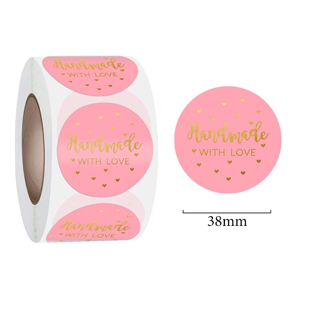 Pink & Heart Label Stickers Roll 'Handmade With Love' - TEM IMPORTS™