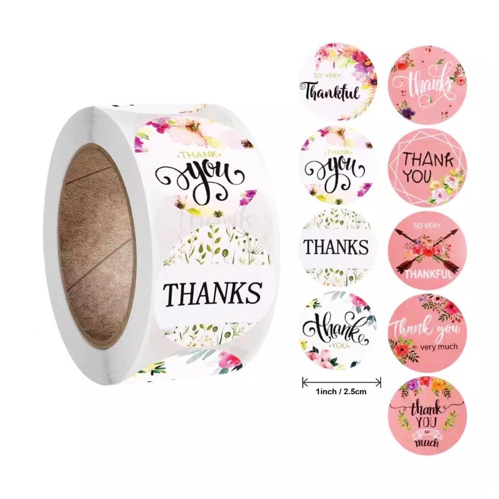 Pink & White Label Stickers Roll Flowers 'Thank You' - TEM IMPORTS™