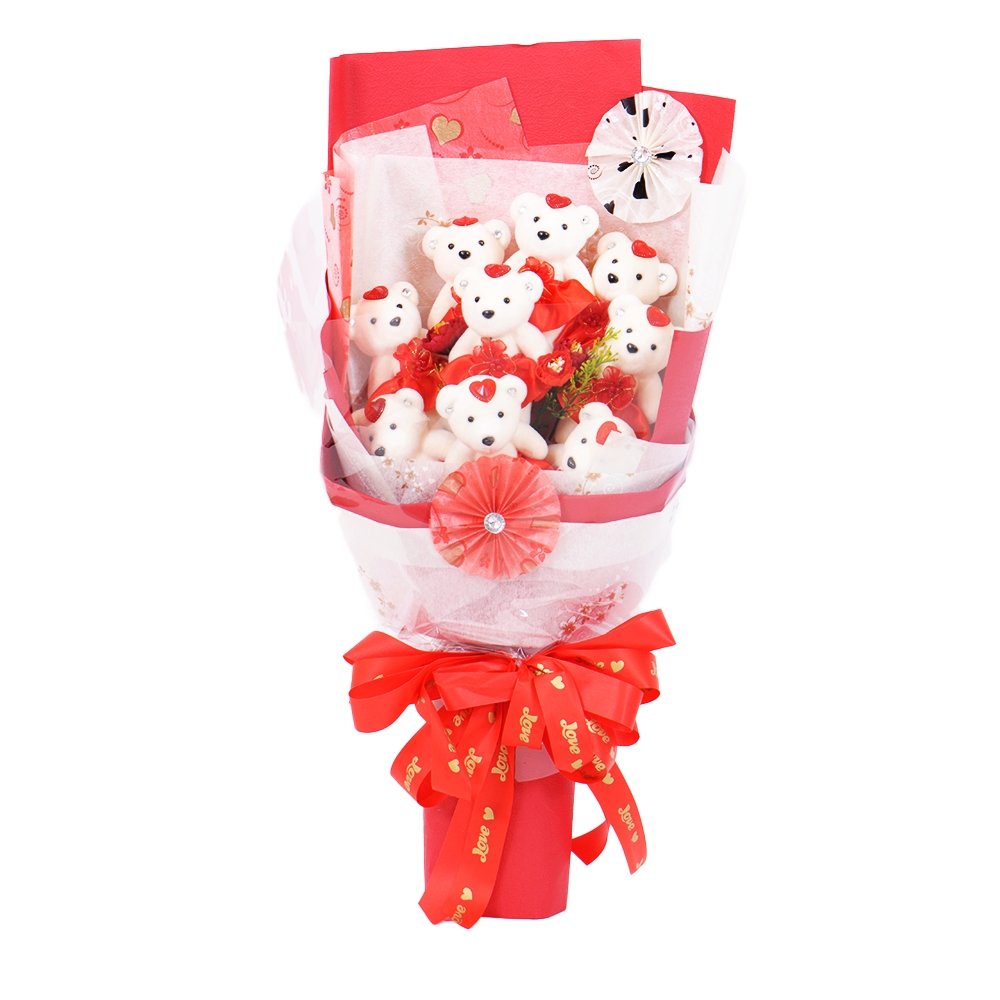 Valentine's Red Teddy Bear Bouquet With Cellophane - TEM IMPORTS™