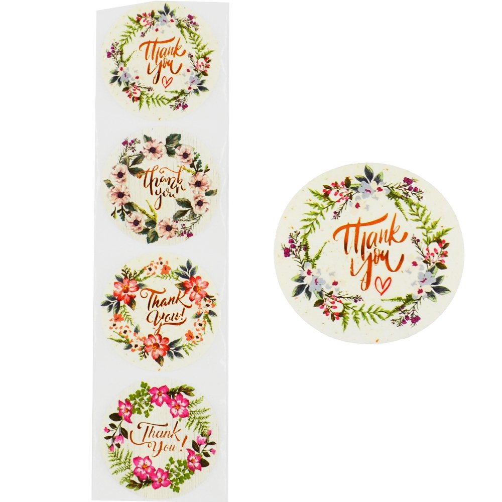 White Seal Label Stickers Roll Floral Circle 'Thank You' - TEM IMPORTS™
