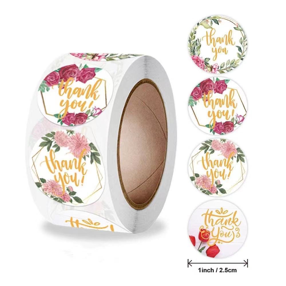 White Seal Label Stickers Roll Floral With Yellow 'Thank You' - TEM IMPORTS™