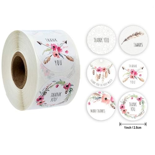 White Seal Label Stickers Roll Flowers 'Thank You' - TEM IMPORTS™