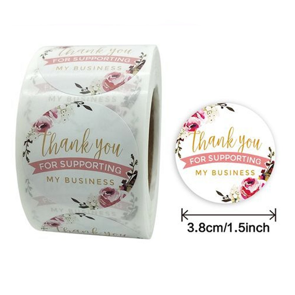 White Seal Label Stickers Roll Pink Roses 'Thank You' - TEM IMPORTS™